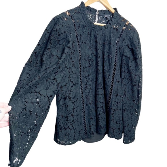 New with Tags Expess Women's Lace Puff Long Sleeve Top Black Mock Neck Blouse - Picture 5 of 16